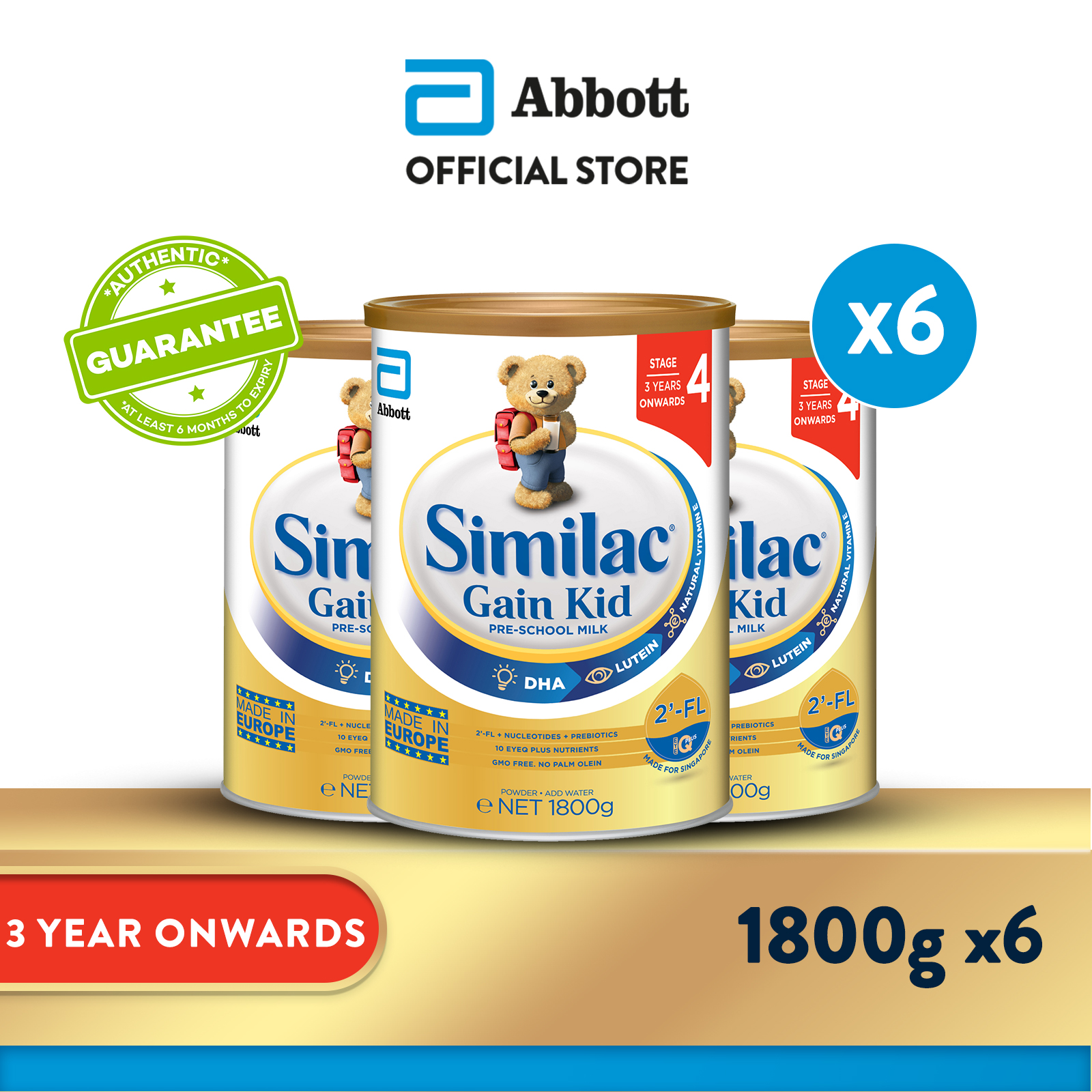 [Bundle of 6] Similac® Stage 4 Gain Kid Pre-school Milk Powder Formula 2'-FL 1.8kg (3 years onwards)