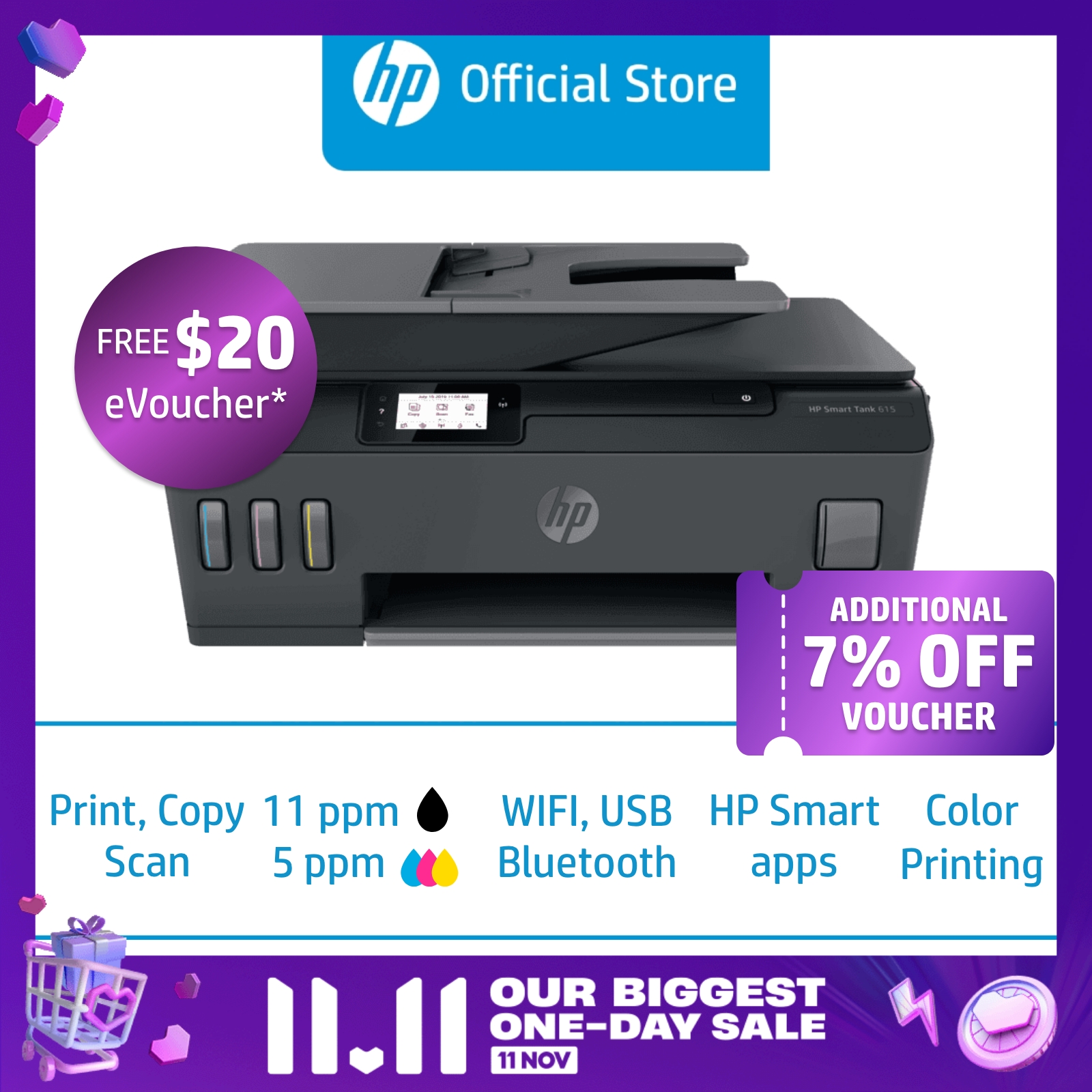 HP Smart Tank 615 Wireless All in one / Multifunction Color Inkjet Printer / Cartridge Supported / Mobile Print / ADF / Duplex / One Year Warranty