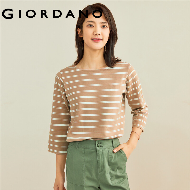 GIORDANO Women T-Shirts Simple Solid Color Comfy Smooth Boat Neck T-Shirts 3/4 Sleeves Stripe Design Solid Color Tee 05321629