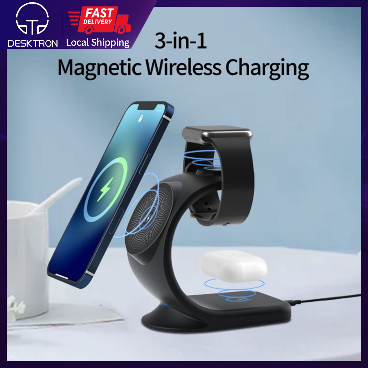 DESTRON Magnetic Wireless Charger for APPLE, 3 in 1 Qi Certified 15W Fast Charging Station for Apple iWatch iPods, iPhone Series.